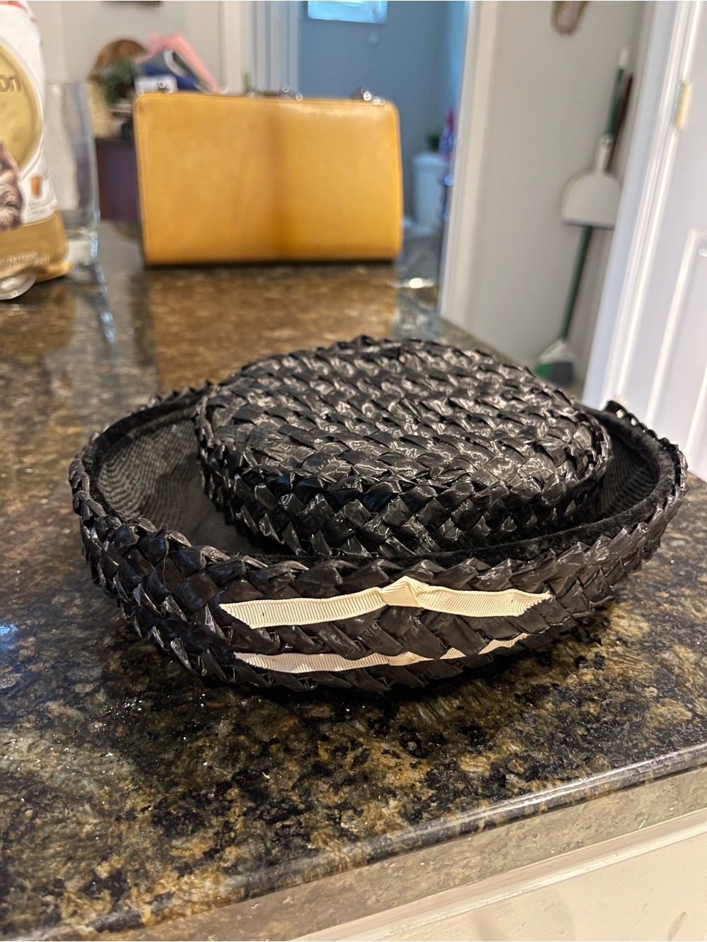 Navy Blue Vintage Straw Hat with Ivory Ribbon Trim